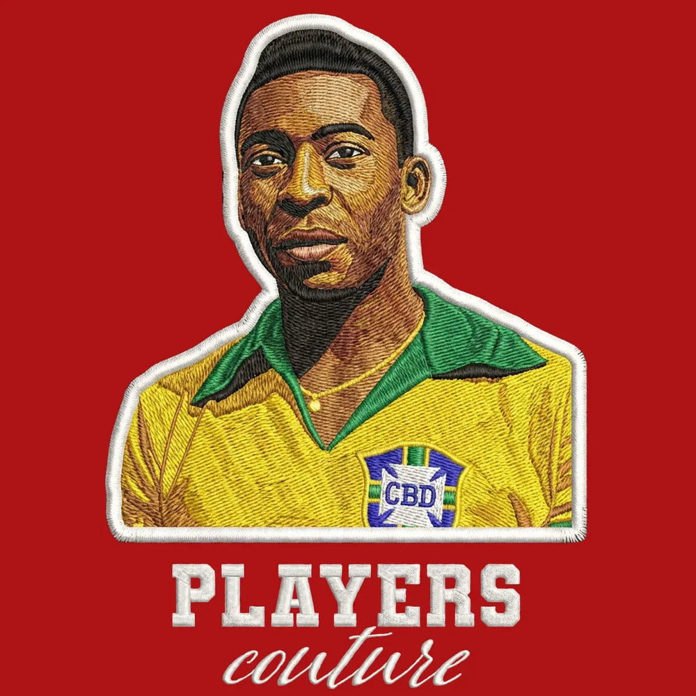 Pele Badge Men's Hoodie – red close-up detail shot of the Pele Players Couture logo design