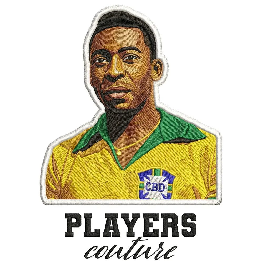 Pele Badge Men's Hoodie – white close-up detail shot of the Pele Players Couture logo design