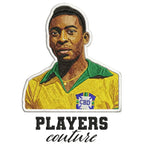 Pele Badge Men's Hoodie – white close-up detail shot of the Pele Players Couture logo design