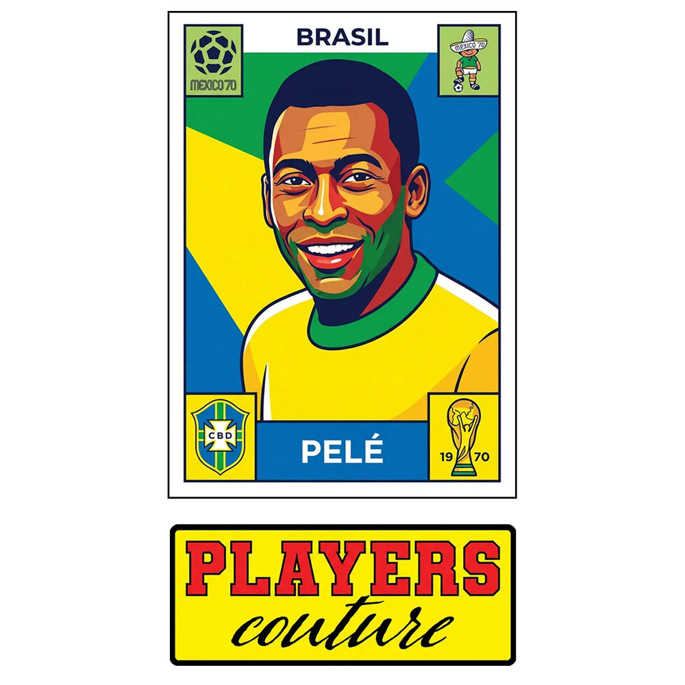 Pele World Cup Sticker Men's T-Shirt – close-up detail shot of the Pele World Cup Players Couture logo design