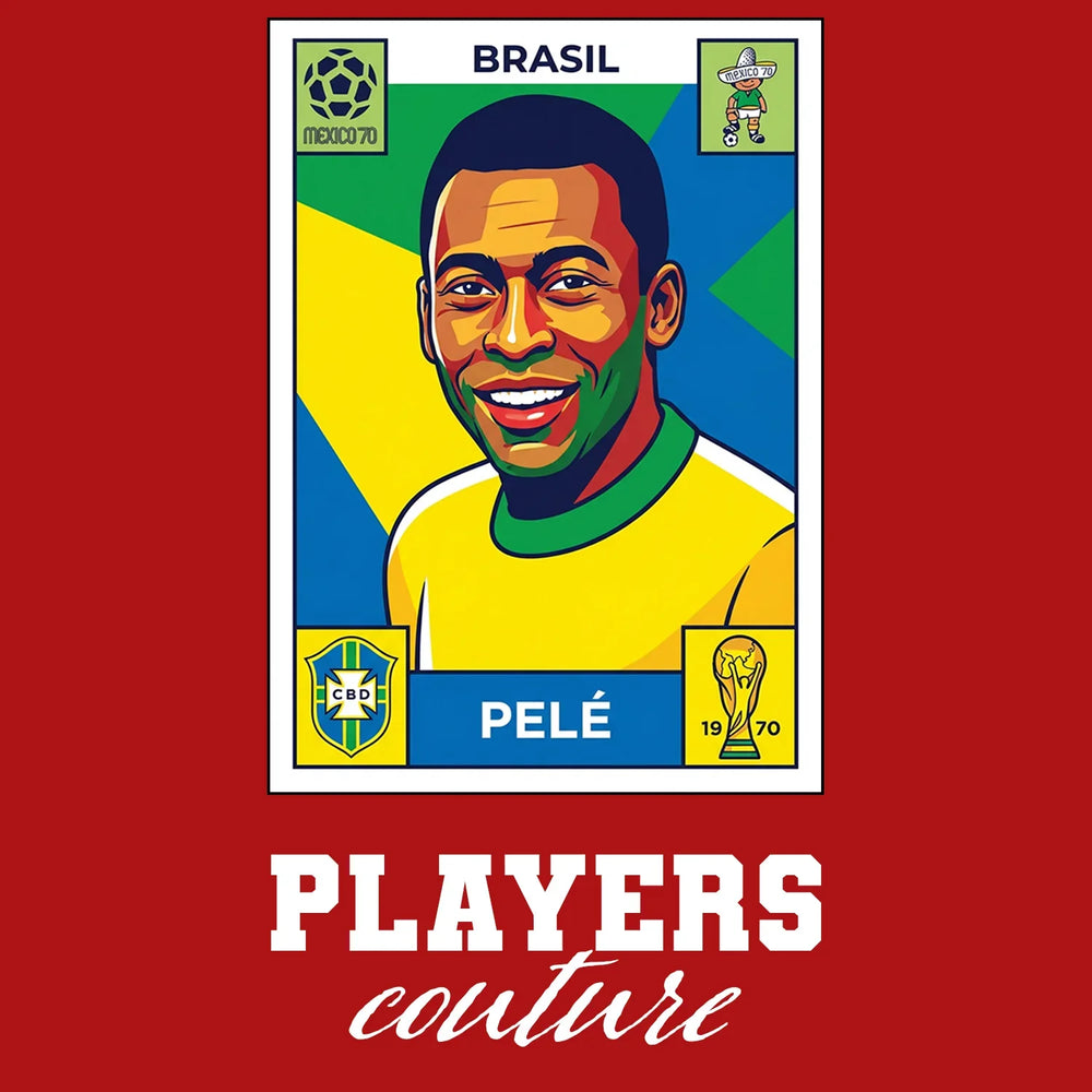 Pele World Cup Sticker Men's T-Shirt – red close-up detail shot of the Pele World Cup Players Couture logo design