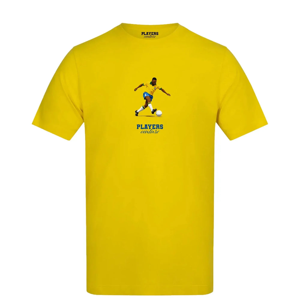 Pele Icon t-shirt – yellow men's t-shirt with black Pele Icon letters and Players Couture logo on the chest