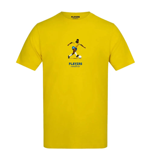 Pele Icon t-shirt – yellow men's t-shirt with black Pele Icon letters and Players Couture logo on the chest