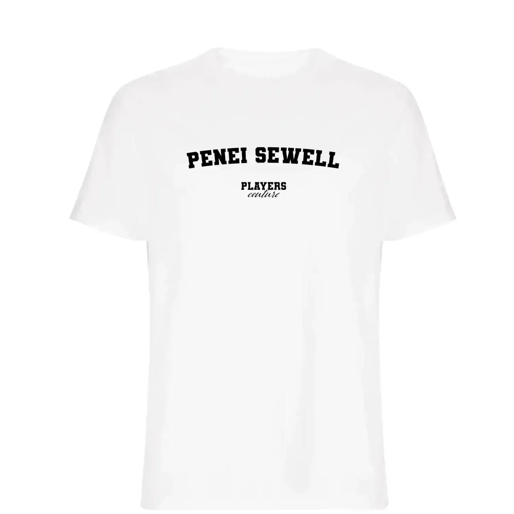 Penei Sewell t-shirt – white men's t-shirt with black Penei Sewell letters and Players Couture logo on the chest