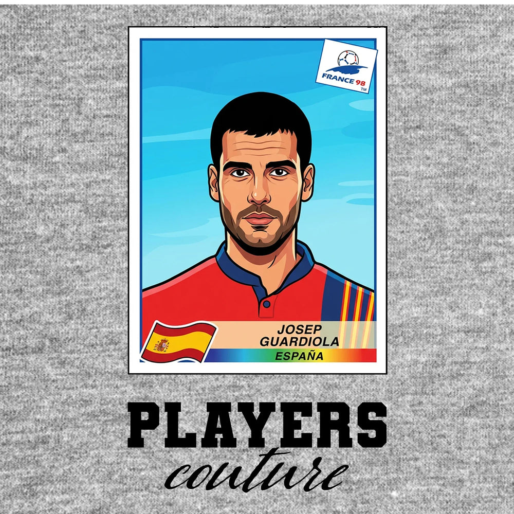 Pep Guardiola World Cup Sticker Men's T-Shirt – grey close-up detail shot of the Pep Guardiola World Cup Players Couture