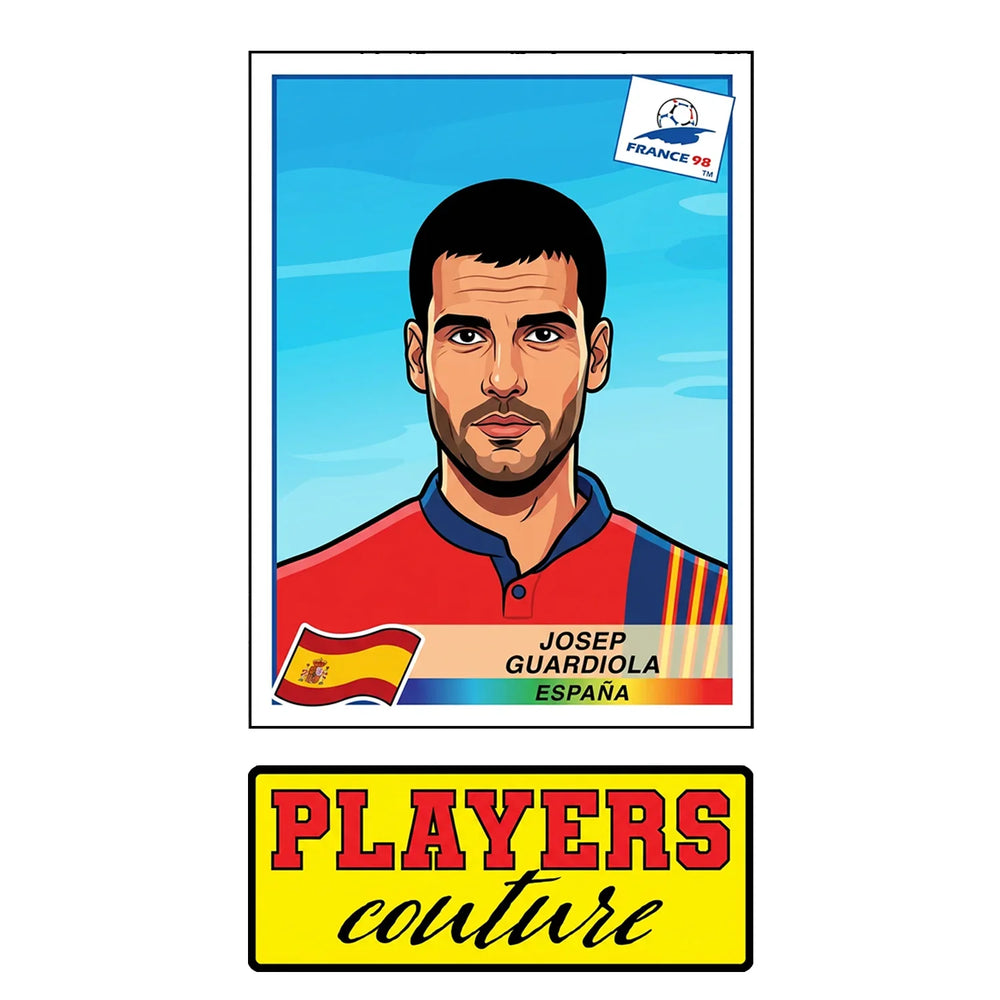 Pep Guardiola World Cup Sticker Men's T-Shirt – close-up detail shot of the Pep Guardiola World Cup Players Couture logo