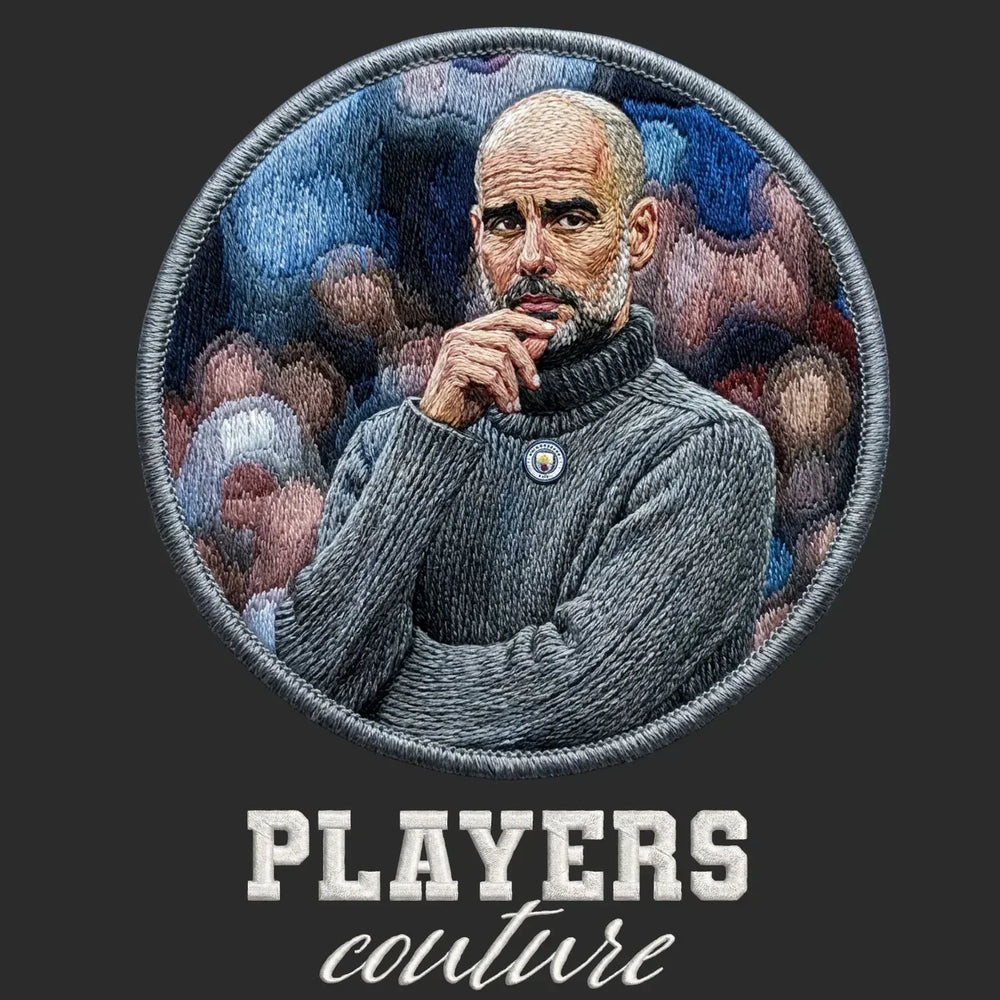 Pep Guardiola Badge Men's Hoodie – black close-up detail shot of the Pep Guardiola Players Couture logo design
