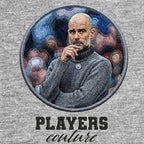 Pep Guardiola Badge Men's Hoodie – grey close-up detail shot of the Pep Guardiola Players Couture logo design