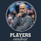 Pep Guardiola Badge Men's Hoodie – navy close-up detail shot of the Pep Guardiola Players Couture logo design