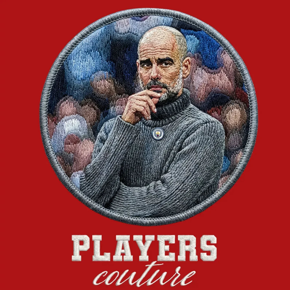 Pep Guardiola Badge Men's Hoodie – red close-up detail shot of the Pep Guardiola Players Couture logo design