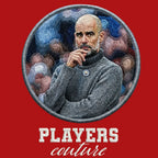 Pep Guardiola Badge Men's Hoodie – red close-up detail shot of the Pep Guardiola Players Couture logo design