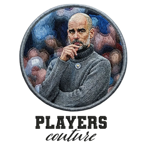 Pep Guardiola Badge Men's Hoodie – white close-up detail shot of the Pep Guardiola Players Couture logo design