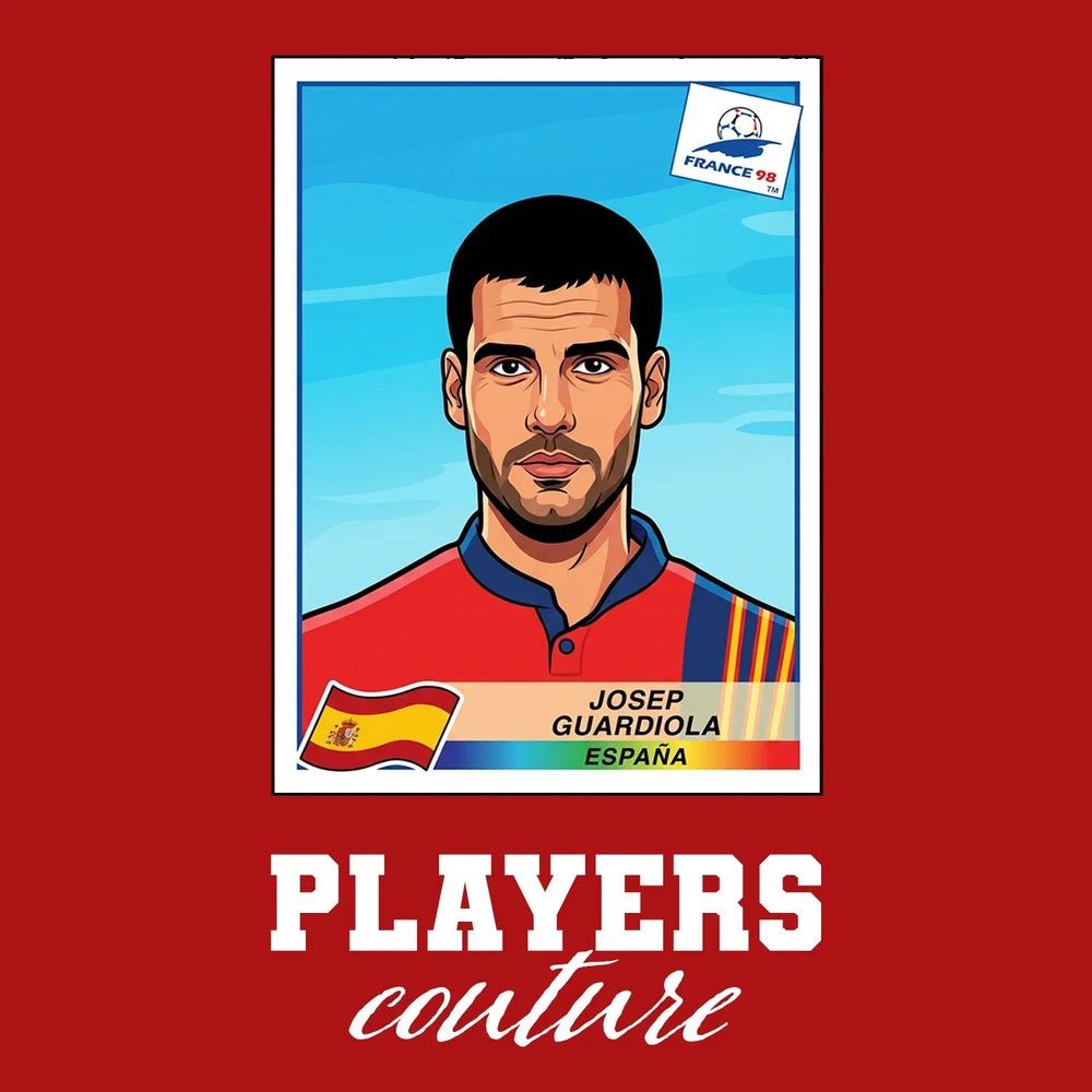 Pep Guardiola World Cup Sticker Men's T-Shirt – red close-up detail shot of the Pep Guardiola World Cup Players Couture logo