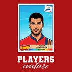 Pep Guardiola World Cup Sticker Men's T-Shirt – red close-up detail shot of the Pep Guardiola World Cup Players Couture logo