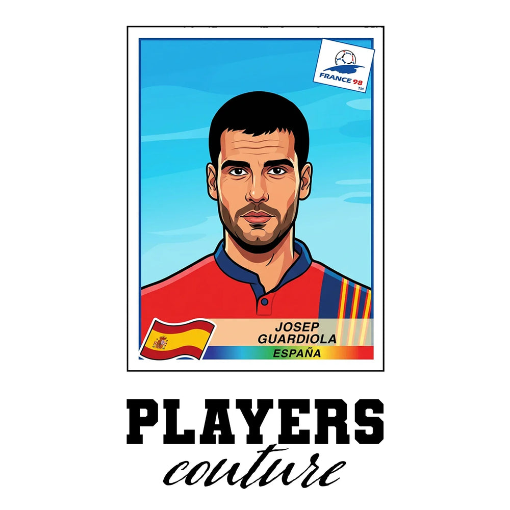 Pep Guardiola World Cup Sticker Men's T-Shirt – white close-up detail shot of the Pep Guardiola Players Couture logo design