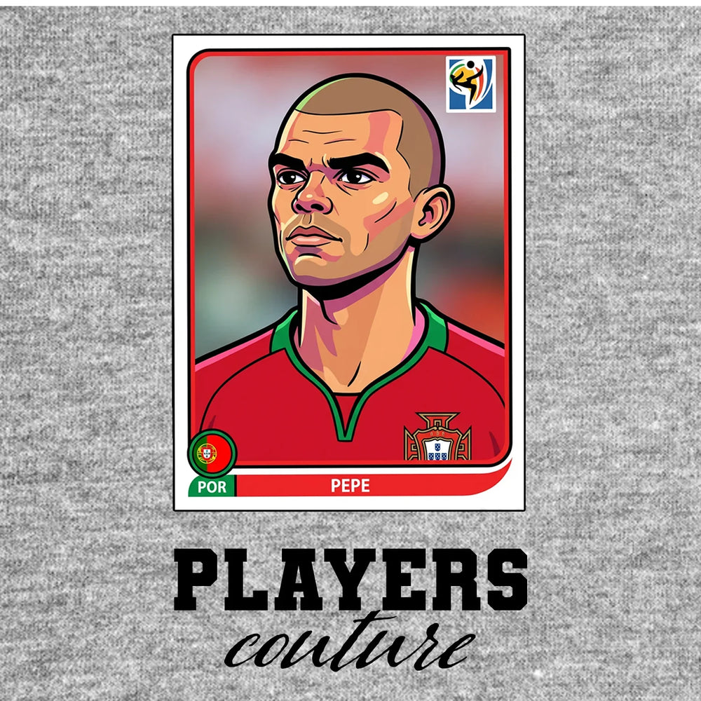 Pepe World Cup Sticker Men's T-Shirt – grey close-up detail shot of the Pepe World Cup Players Couture logo design