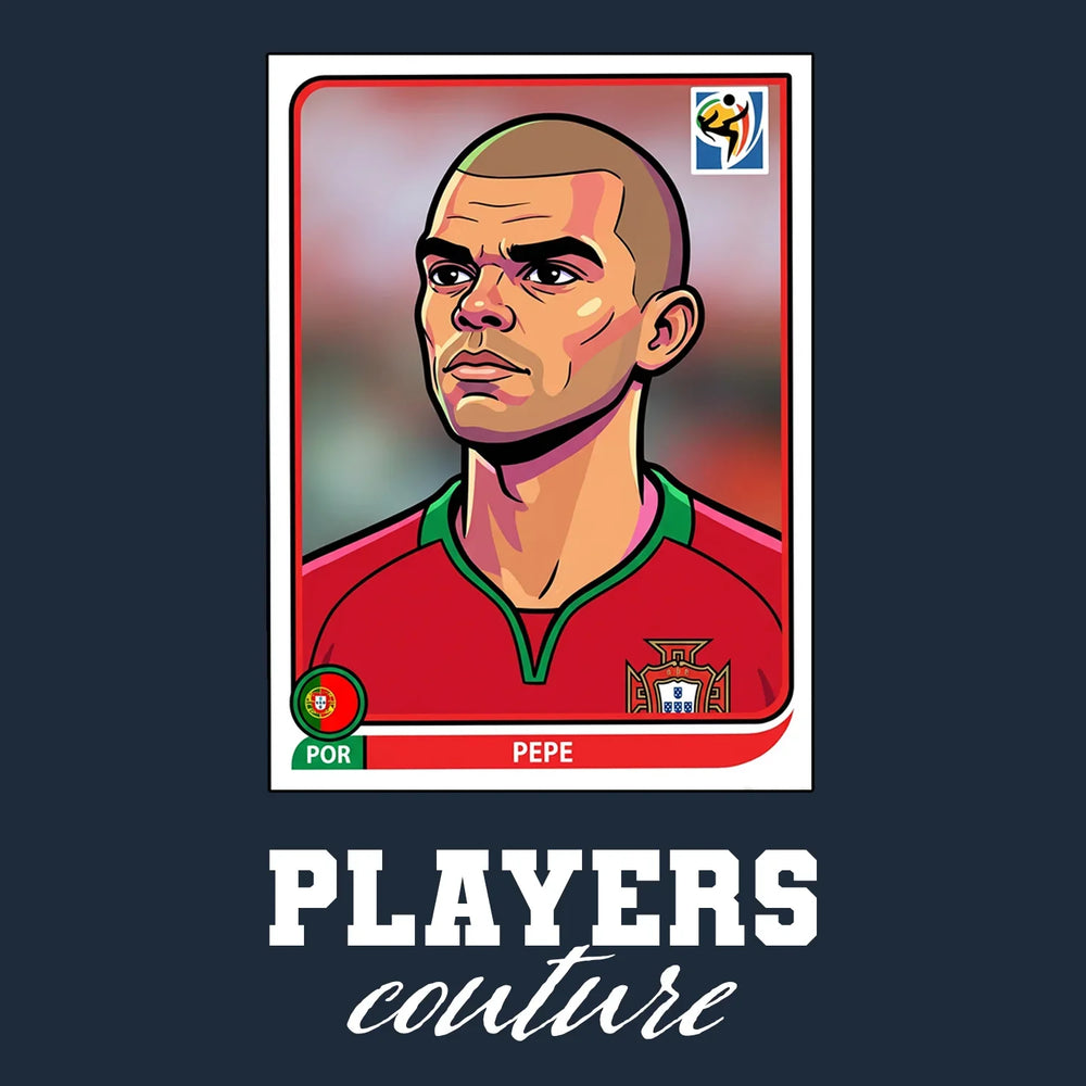 Pepe World Cup Sticker Men's T-Shirt – navy close-up detail shot of the Pepe World Cup Players Couture logo design