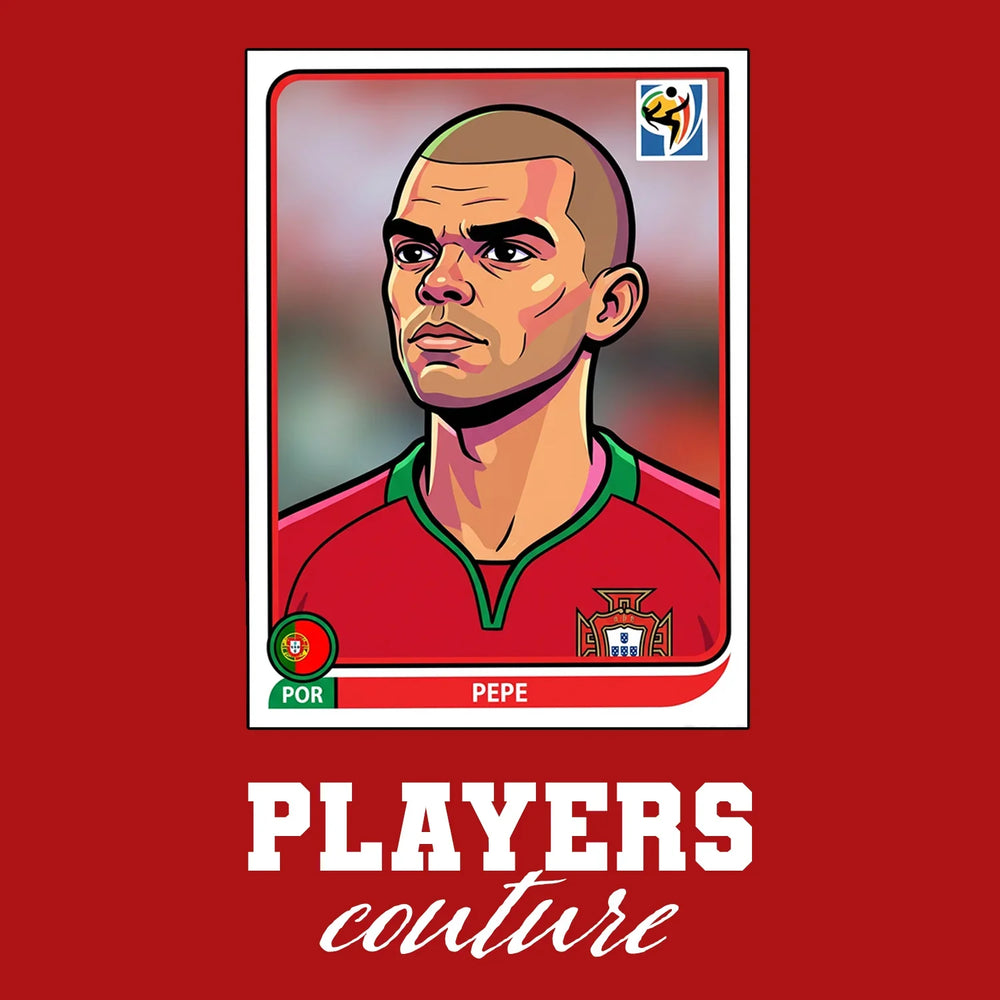 Pepe World Cup Sticker Men's T-Shirt – red close-up detail shot of the Pepe World Cup Players Couture logo design