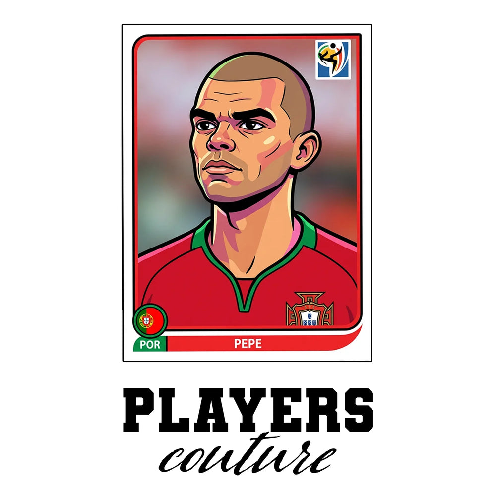 Pepe World Cup Sticker Men's T-Shirt – white close-up detail shot of the Pepe Players Couture logo design