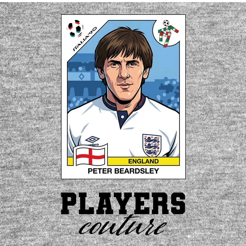Peter Beardsley World Cup Sticker Men's T-Shirt – grey close-up detail shot of the Peter Beardsley World Cup Players Couture
