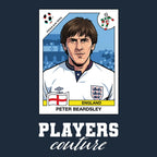 Peter Beardsley World Cup Sticker Men's T-Shirt – navy close-up detail shot of the Peter Beardsley World Cup Players Couture