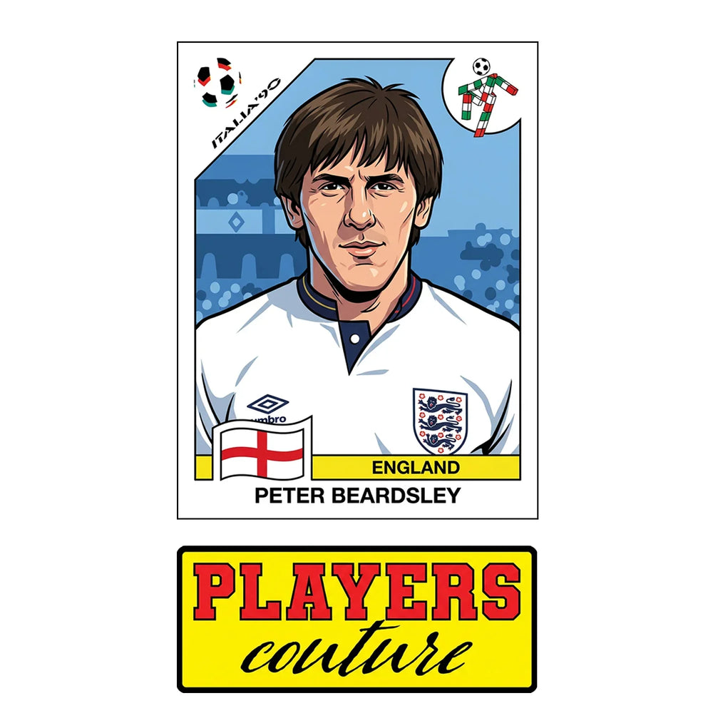 Peter Beardsley World Cup Sticker Men's T-Shirt – close-up detail shot of the Peter Beardsley World Cup Players Couture logo