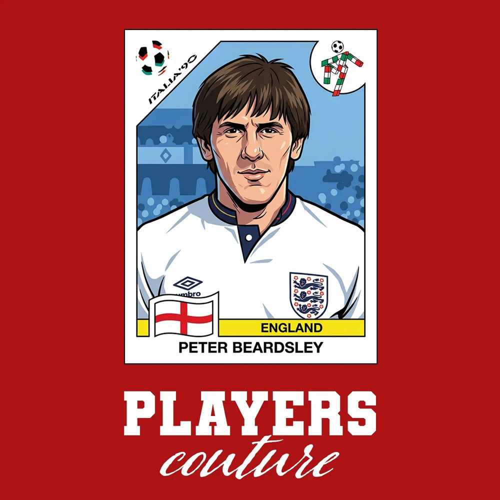 Peter Beardsley World Cup Sticker Men's T-Shirt – red close-up detail shot of the Peter Beardsley World Cup Players Couture