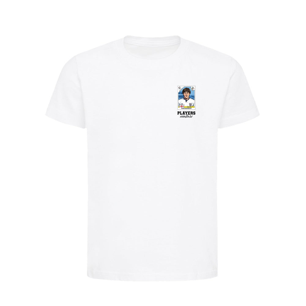 Peter Beardsley World Cup Sticker Kids T-Shirt – peter beardsley sticker kids white tshirt Players Couture design