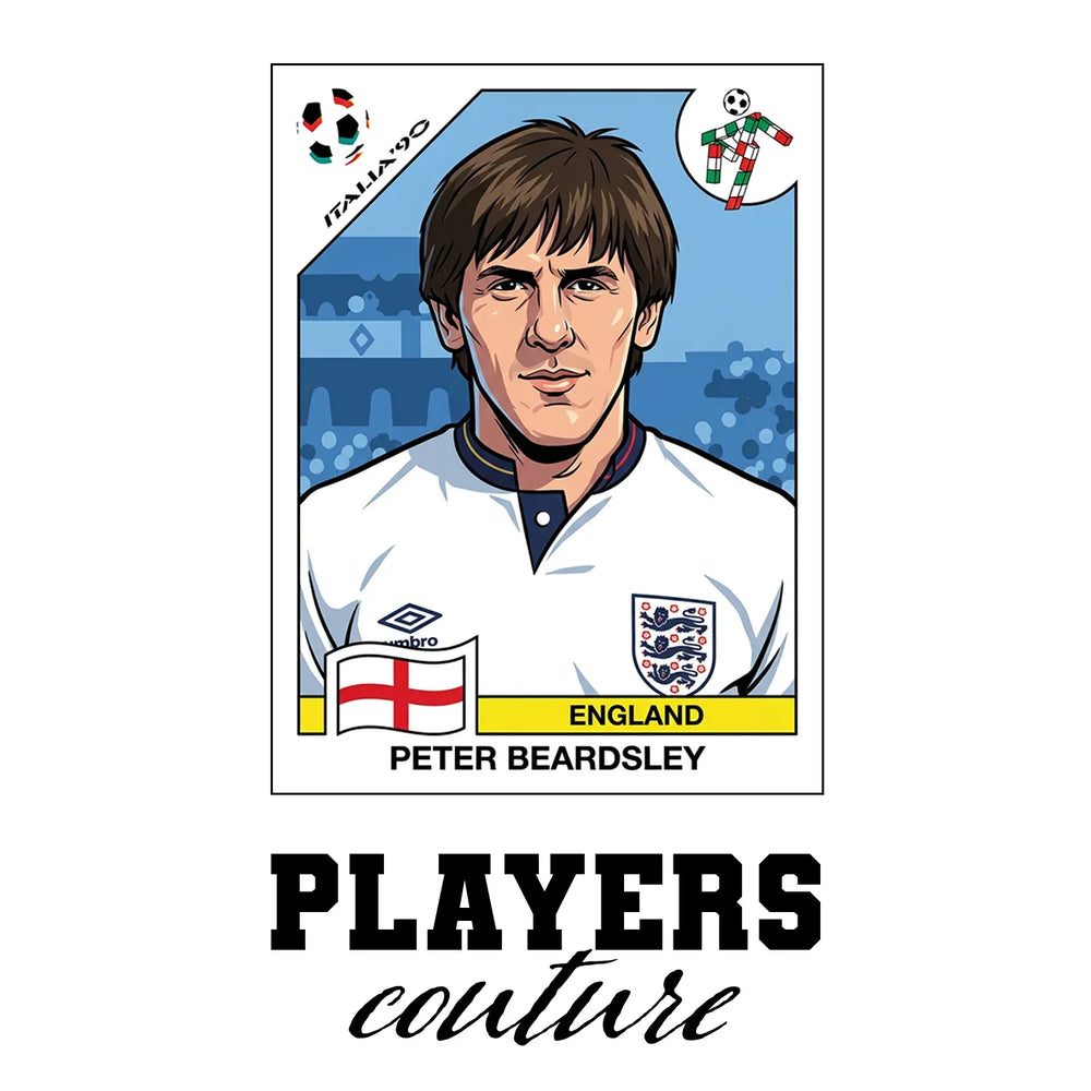 Peter Beardsley World Cup Sticker Men's T-Shirt – white close-up detail shot of the Peter Beardsley Players Couture logo
