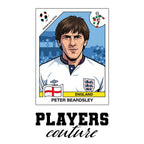 Peter Beardsley World Cup Sticker Men's T-Shirt – white close-up detail shot of the Peter Beardsley Players Couture logo