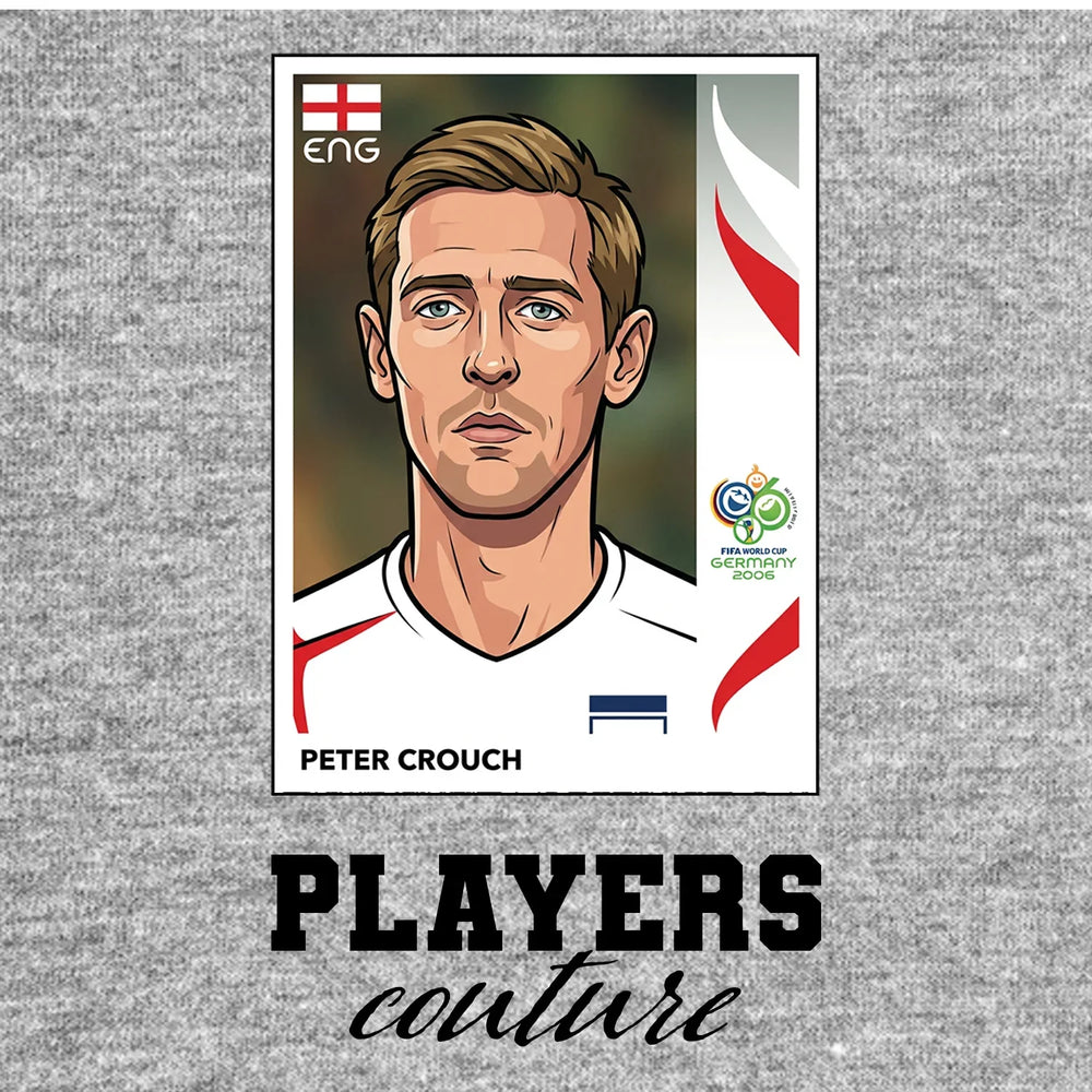 Peter Crouch World Cup Sticker Men's T-Shirt – grey close-up detail shot of the Peter Crouch World Cup Players Couture logo