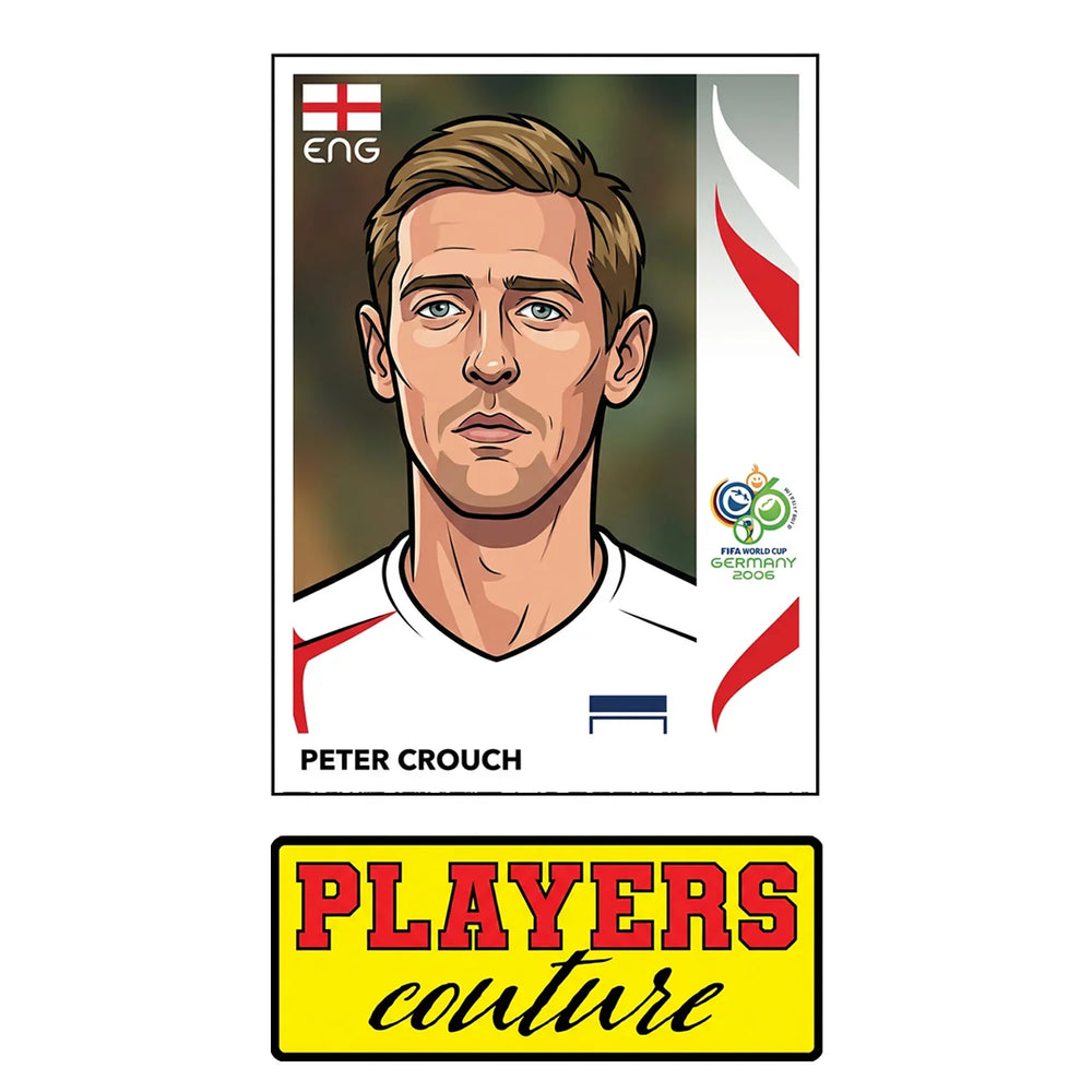 Peter Crouch World Cup Sticker Men's T-Shirt – close-up detail shot of the Peter Crouch World Cup Players Couture logo design