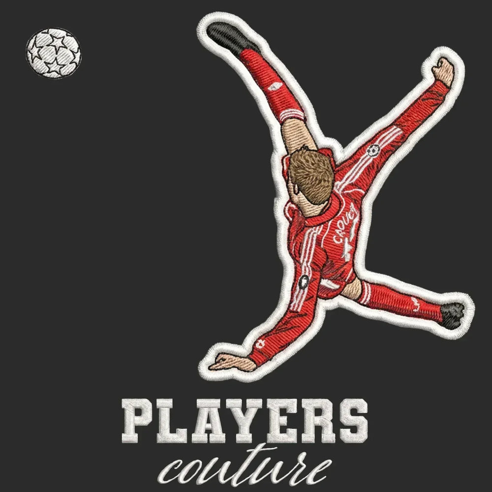 Peter Crouch Overhead Kick Badge Men's Hoodie – black close-up detail shot of the Peter Crouch Overhead Kick Players Couture