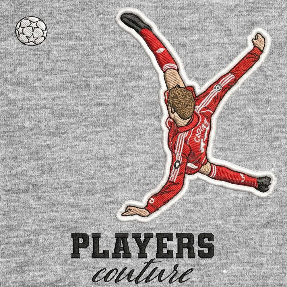 Peter Crouch Overhead Kick Badge Men's Hoodie – grey close-up detail shot of the Peter Crouch Overhead Kick Players Couture