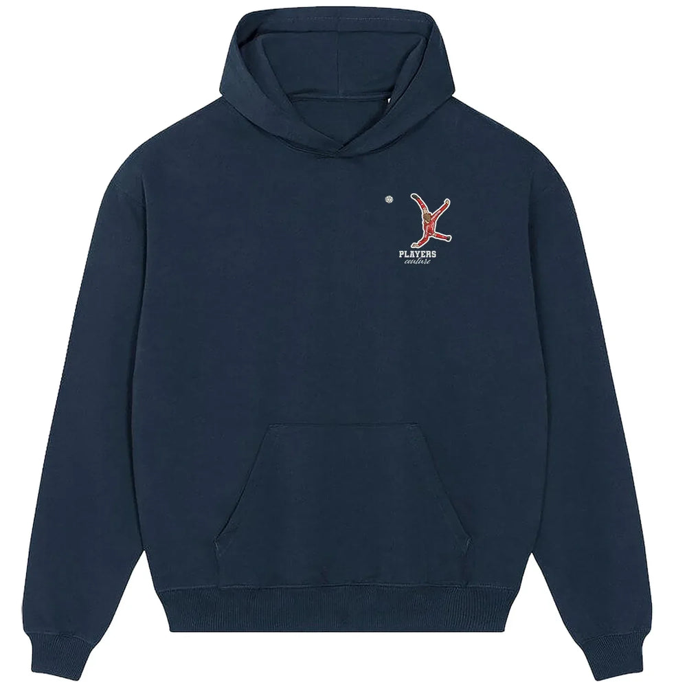 Peter Crouch Overhead Kick hoodie – navy men's hoodie featuring the Peter Crouch Overhead Kick Players Couture logo