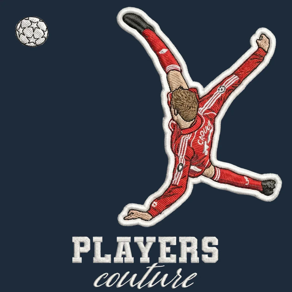 Peter Crouch Overhead Kick Badge Men's Hoodie – navy close-up detail shot of the Peter Crouch Players Couture logo design
