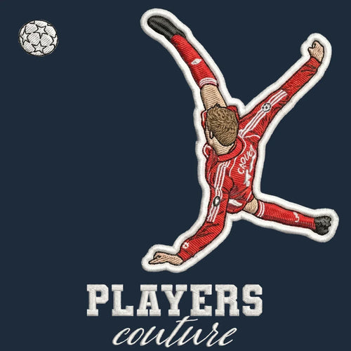 Peter Crouch Overhead Kick Badge Men's Hoodie – navy close-up detail shot of the Peter Crouch Players Couture logo design