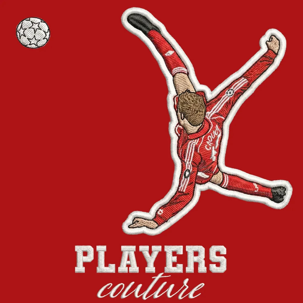 Peter Crouch Overhead Kick Badge Men's Hoodie – red close-up detail shot of the Peter Crouch Overhead Kick Players Couture
