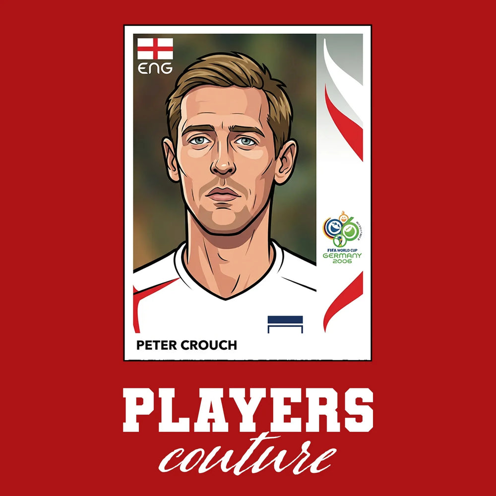 Peter Crouch World Cup Sticker Men's T-Shirt – red close-up detail shot of the Peter Crouch World Cup Players Couture logo