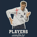 Peter Crouch Robot Badge Men's Hoodie – navy close-up detail shot of the Peter Crouch Robot Players Couture logo design