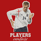 Peter Crouch Robot Badge Men's Hoodie – red close-up detail shot of the Peter Crouch Robot Players Couture logo design