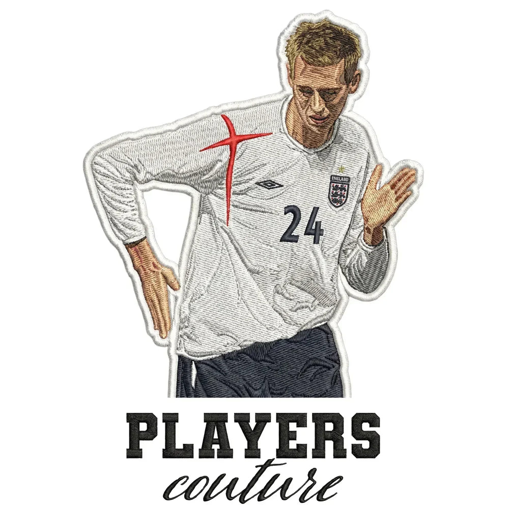 Peter Crouch Robot Badge Men's Hoodie – white close-up detail shot of the Peter Crouch Robot Players Couture logo design