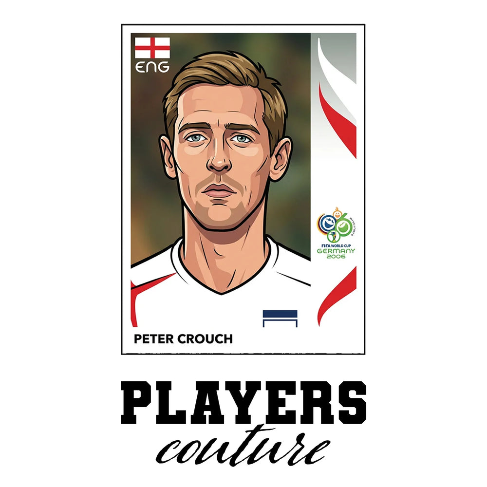 Peter Crouch World Cup Sticker Men's T-Shirt – white close-up detail shot of the Peter Crouch Players Couture logo design