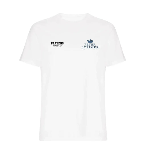 Peter Lorimer t-shirt – white men's t-shirt featuring the Peter Lorimer Players Couture logo