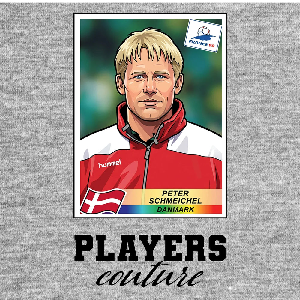 Peter Schmeichel World Cup Sticker Men's T-Shirt – grey close-up detail shot of the Peter Schmeichel World Cup Players