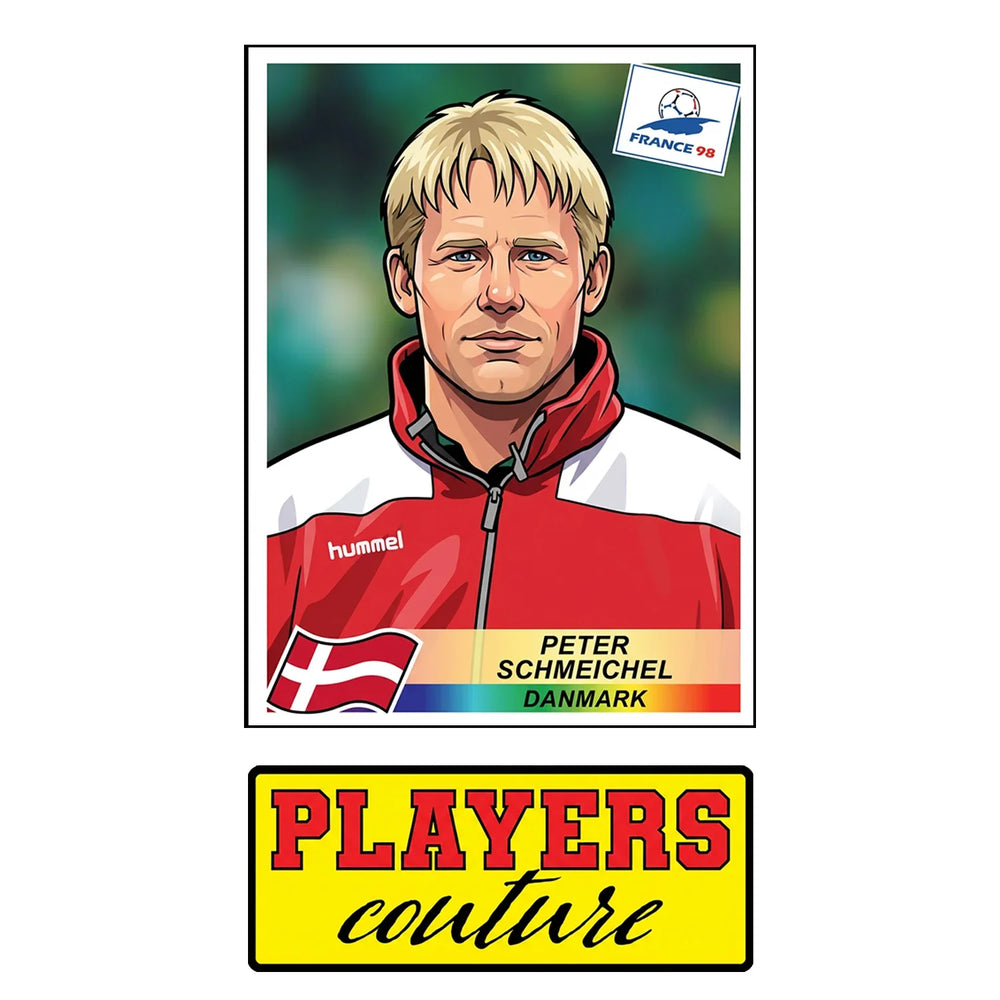Peter Schmeichel World Cup Sticker Men's T-Shirt – close-up detail shot of the Peter Schmeichel World Cup Players Couture