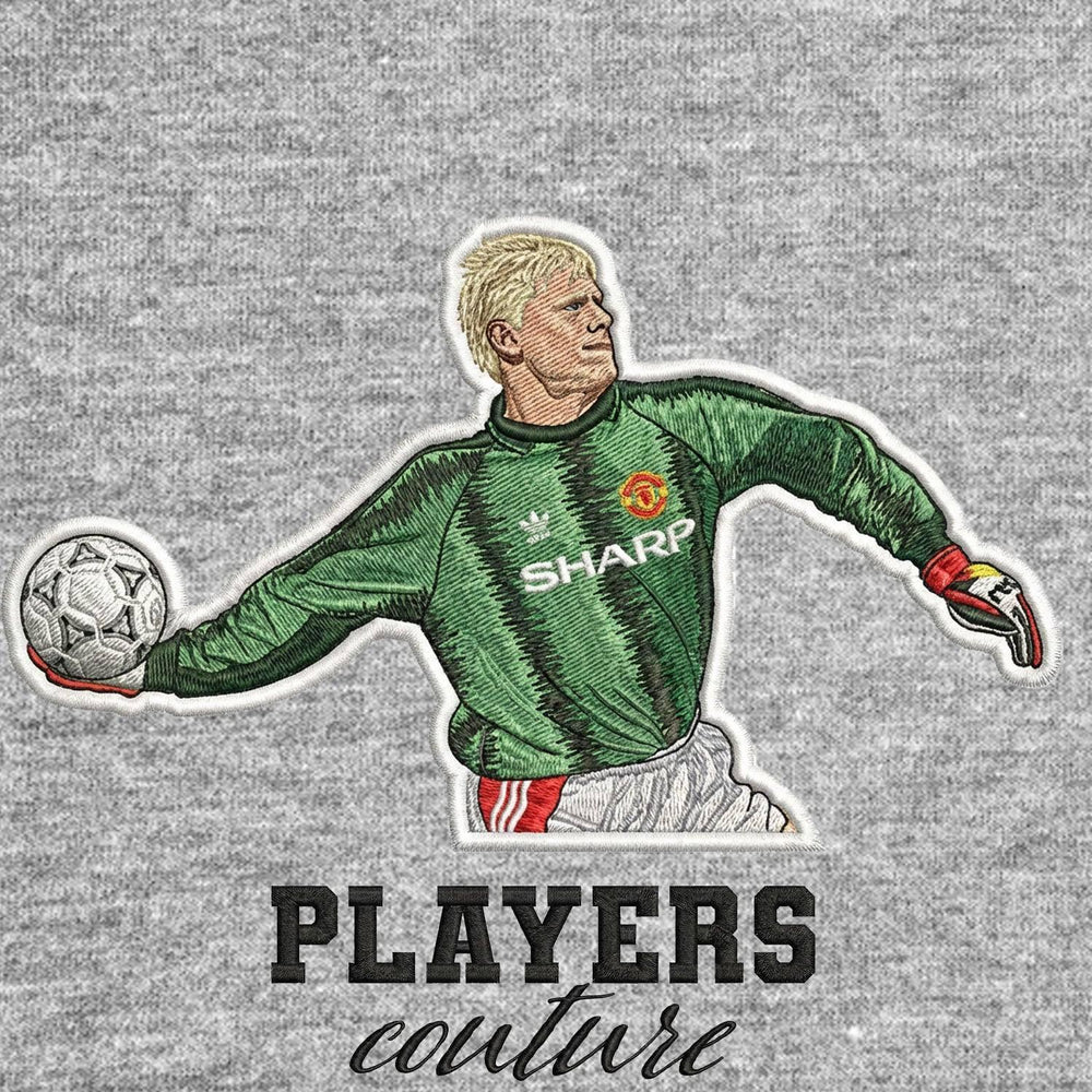 Peter Schmeichel Badge Men's Hoodie – grey close-up detail shot of the Peter Schmeichel Players Couture logo design