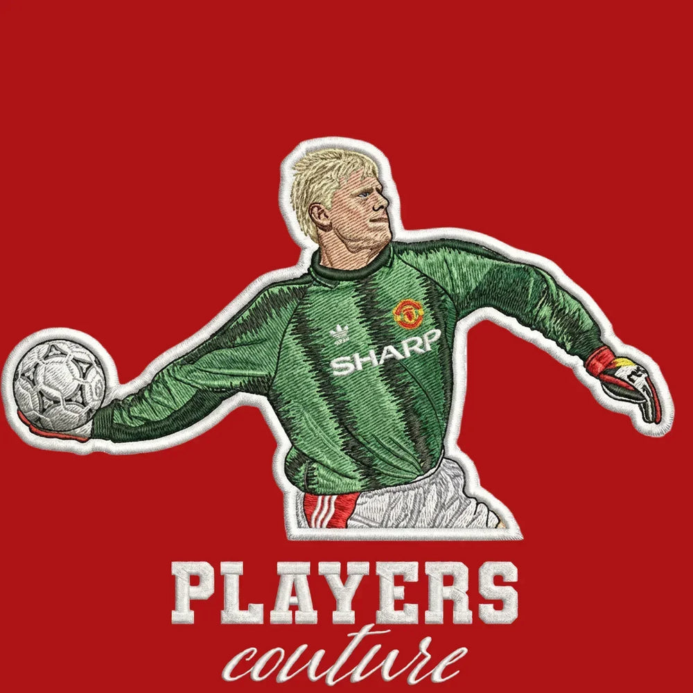 Peter Schmeichel Badge Men's Hoodie – red close-up detail shot of the Peter Schmeichel Players Couture logo design