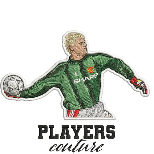 Peter Schmeichel Badge Men's Hoodie – white close-up detail shot of the Peter Schmeichel Players Couture logo design