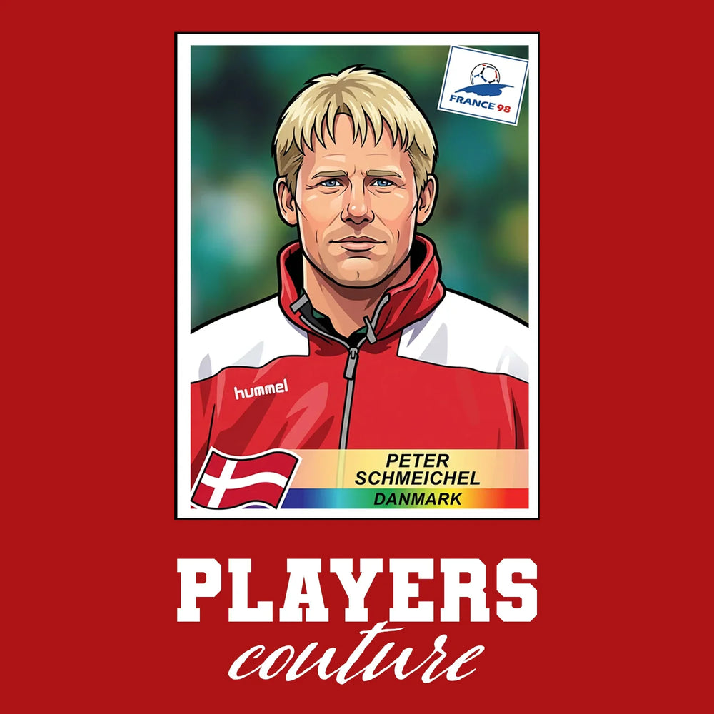 Peter Schmeichel World Cup Sticker Men's T-Shirt – red close-up detail shot of the Peter Schmeichel World Cup Players
